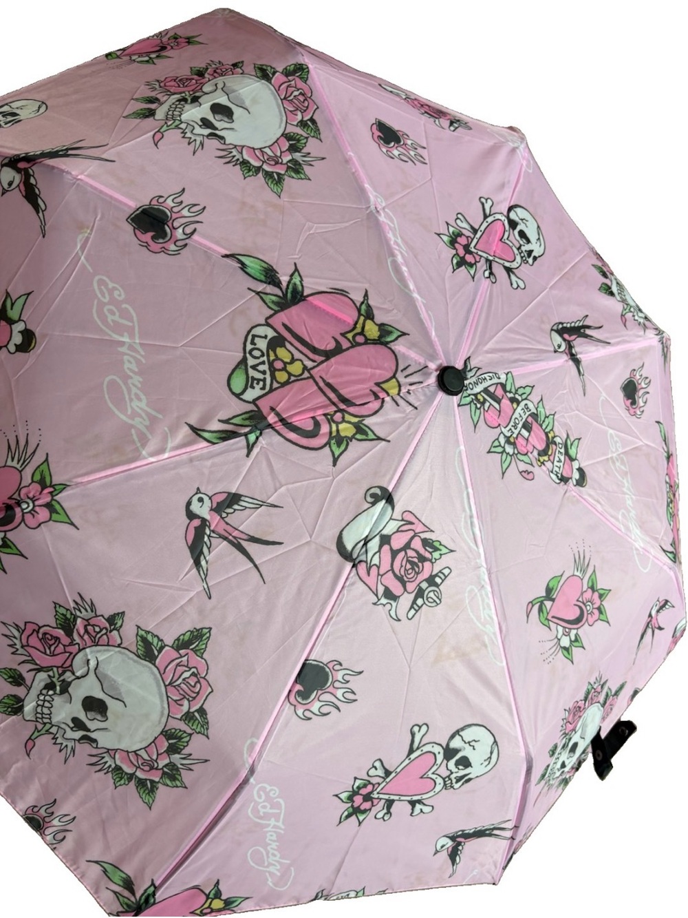 Ed Hardy Pink Graphic Compact Auto Open Umbrella